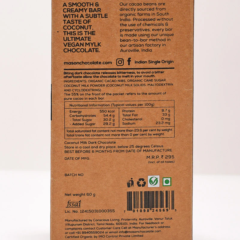 55% Coconut Milk Dark Vegan Chocolate Bar - (Set of 3) - Image 3