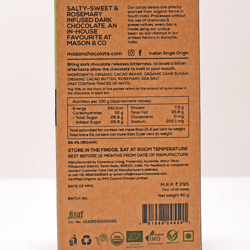 70% Rosemary & Sea Salt Dark Vegan Chocolate Bar - (Set of 3) - Image 3