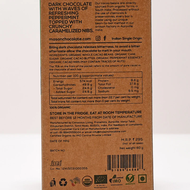 75% Peppermint & Sweet Nibs Dark Vegan Chocolate Bar - (Set of 3) - Image 3