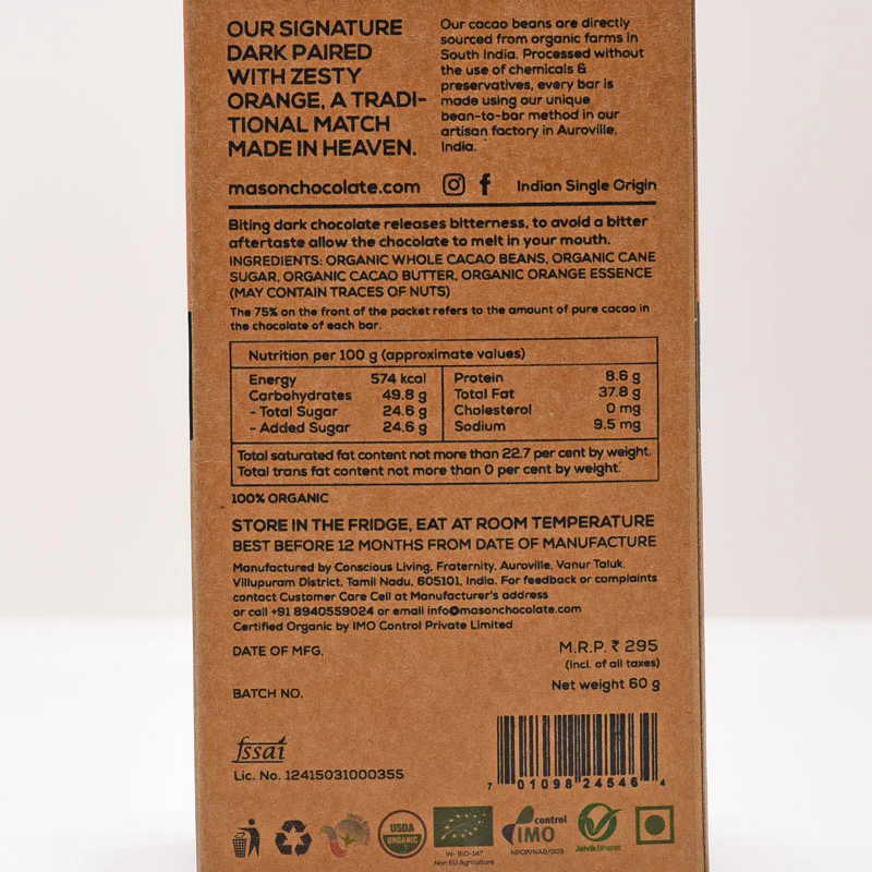 75% Zesty Orange Dark Vegan Chocolate Bar - (Set of 3) - Image 4