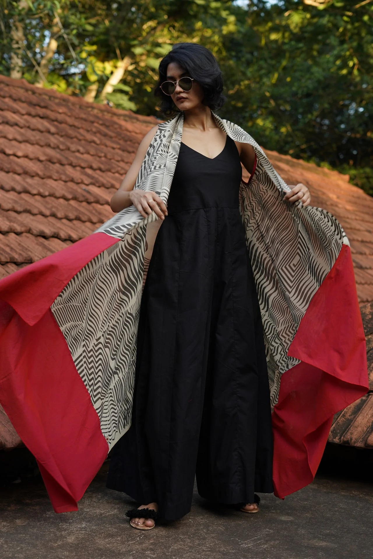 Set of 2- Black Linen wide leg Jumpsuit with Printed flowy overlay