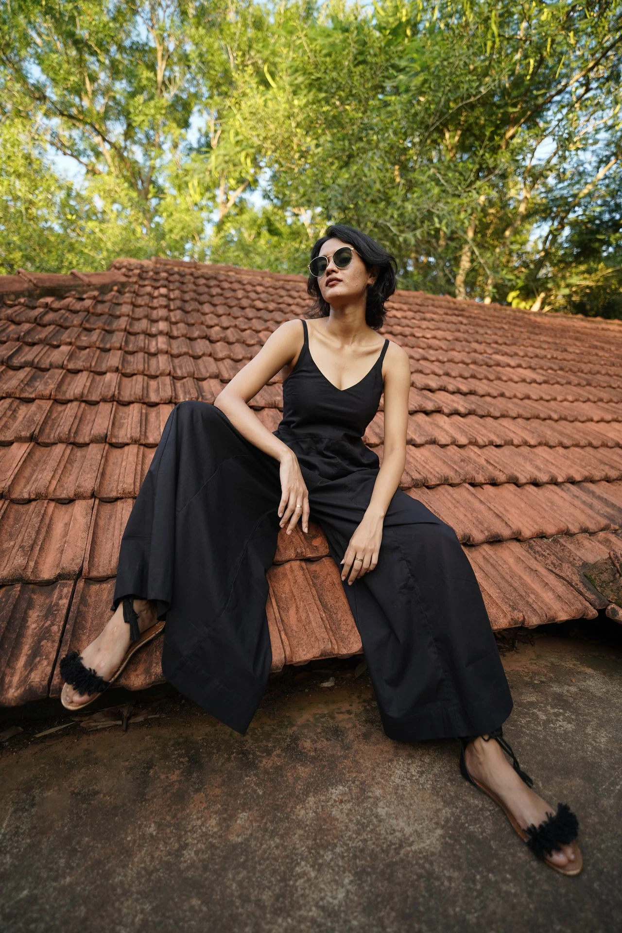Set of 2- Black Linen wide leg Jumpsuit with Printed flowy overlay - Image 2