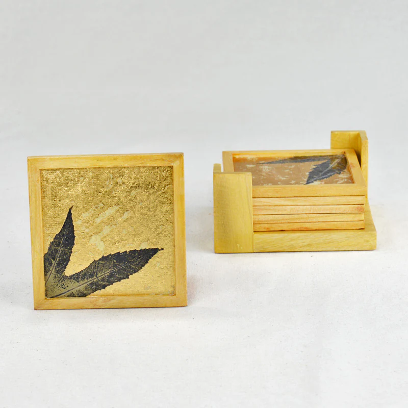Glass coaster square- Gold Chinar, Set of 6 with Wooden Stand