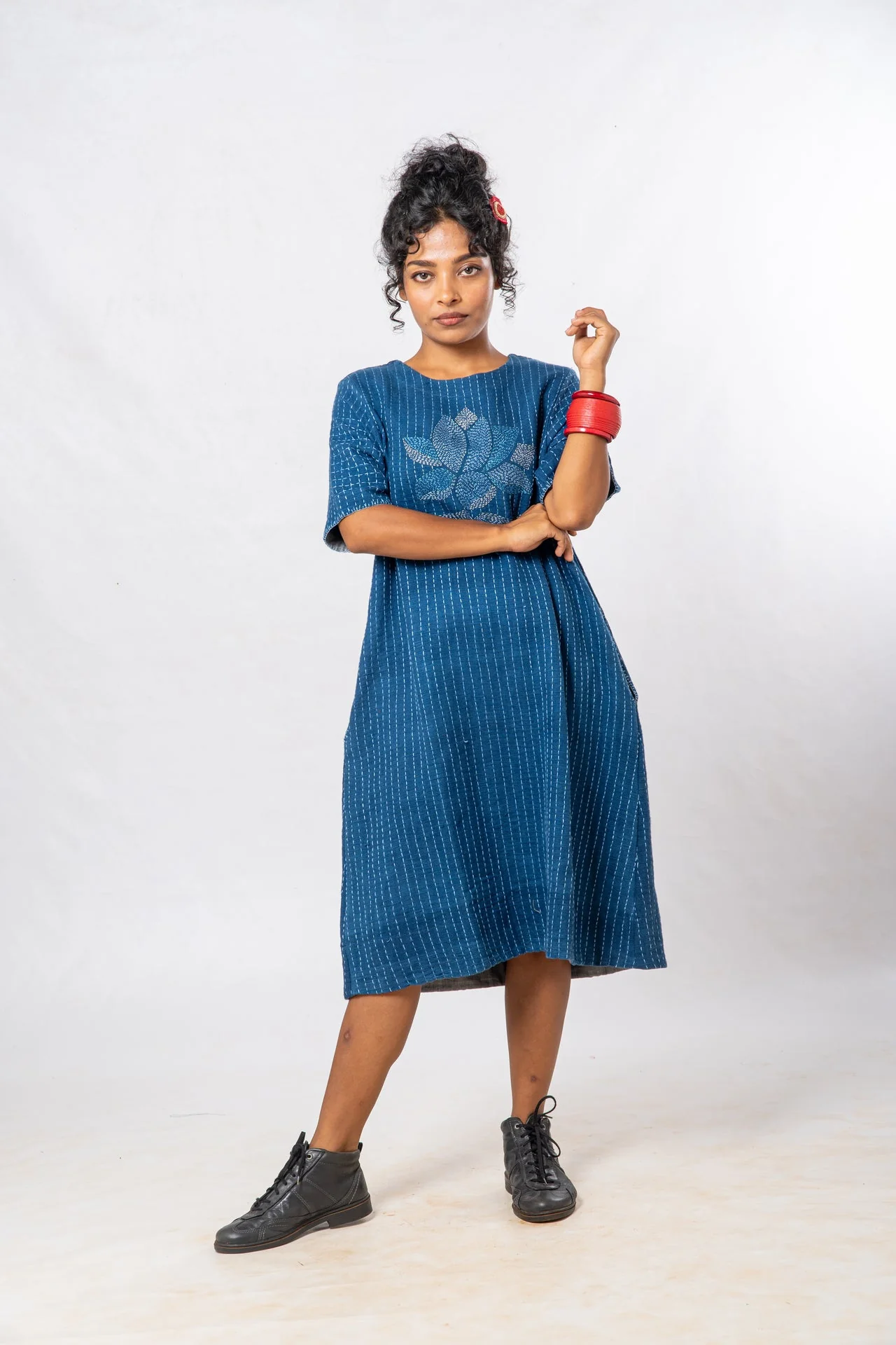 Indigo Parina Lotus Embroidered Hand Spun Khadi Dress