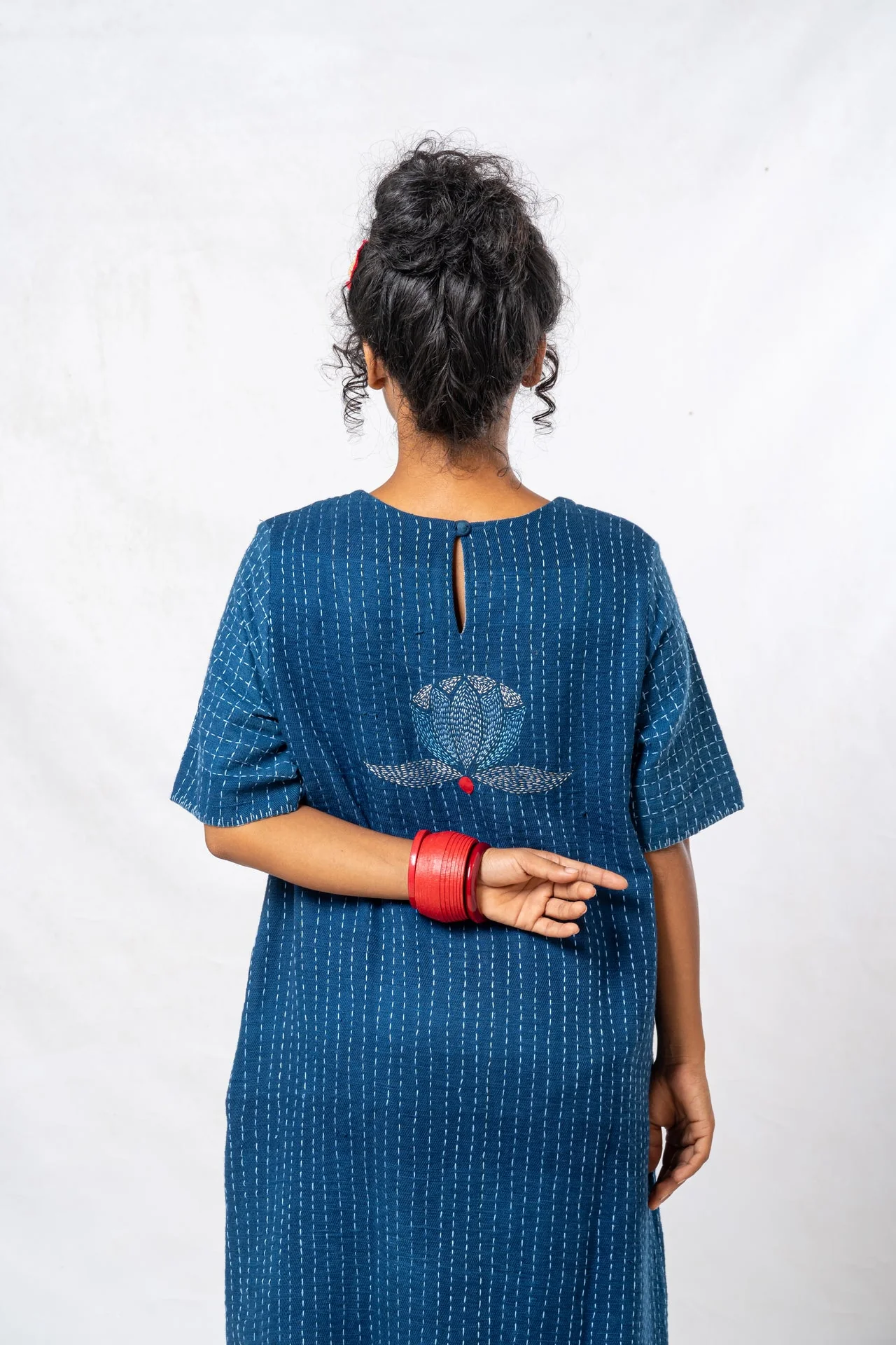 Indigo Parina Lotus Embroidered Hand Spun Khadi Dress - Image 4
