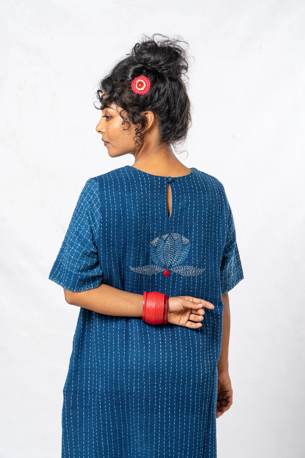 Indigo Parina Lotus Embroidered Hand Spun Khadi Dress - Image 5