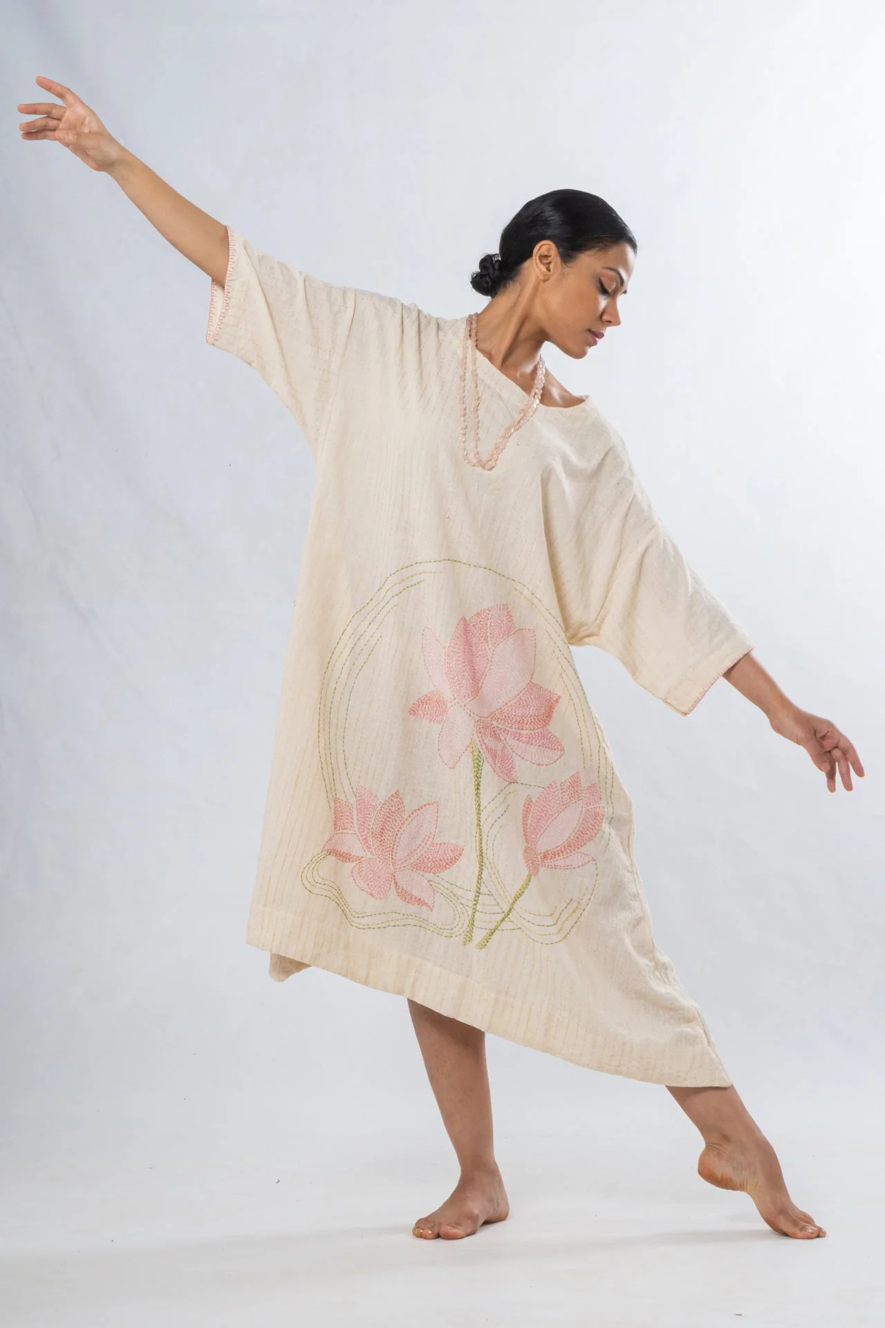 Ecru Hand Spun Khadi Lotus Embroidery Dress - Image 2