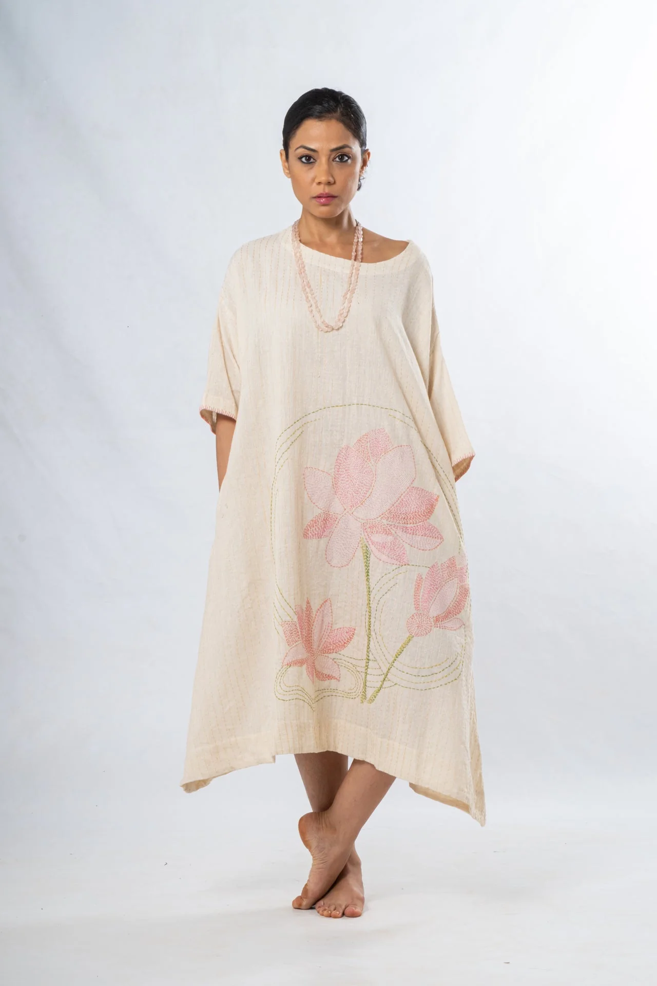 Ecru Hand Spun Khadi Lotus Embroidery Dress - Image 3