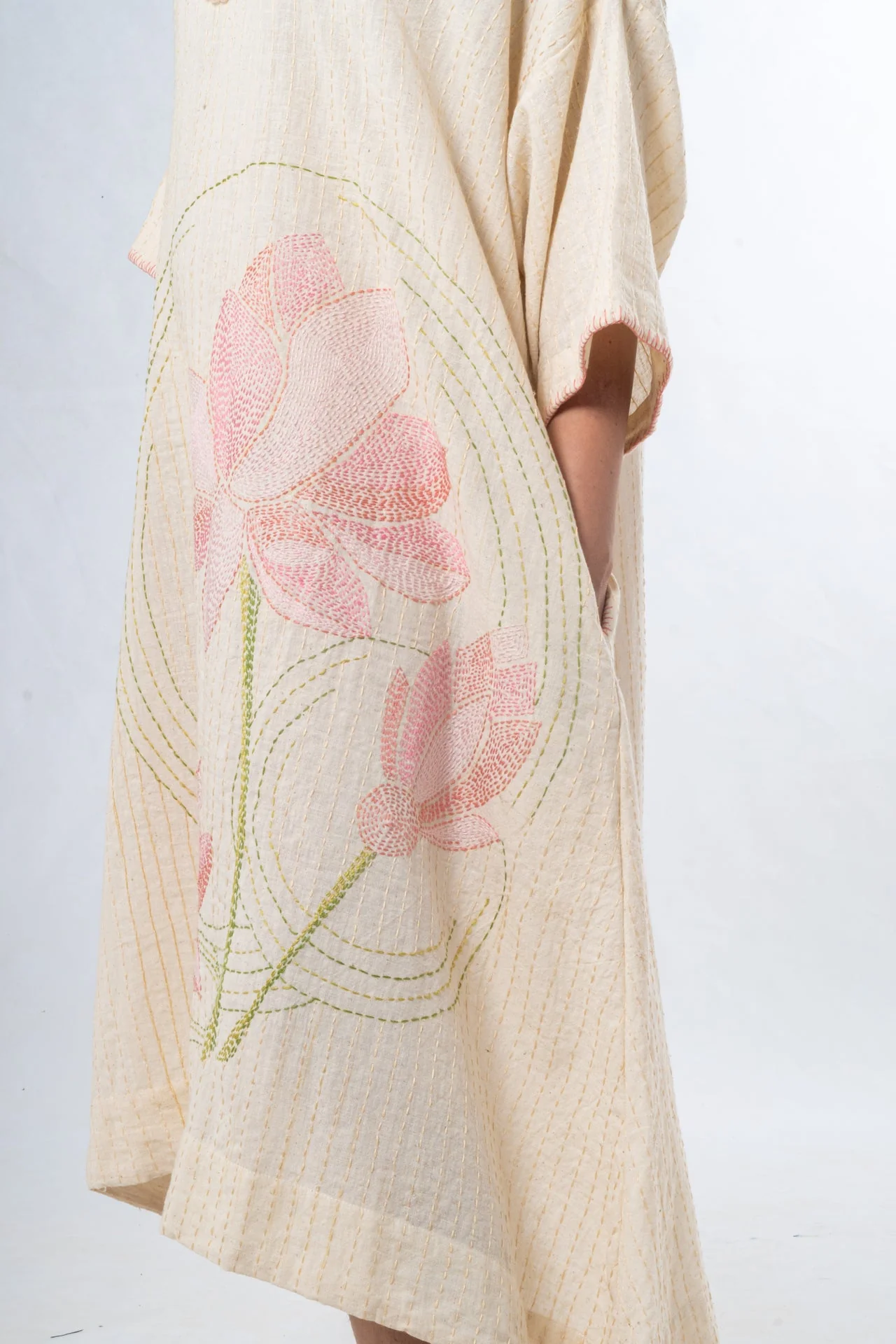 Ecru Hand Spun Khadi Lotus Embroidery Dress - Image 5