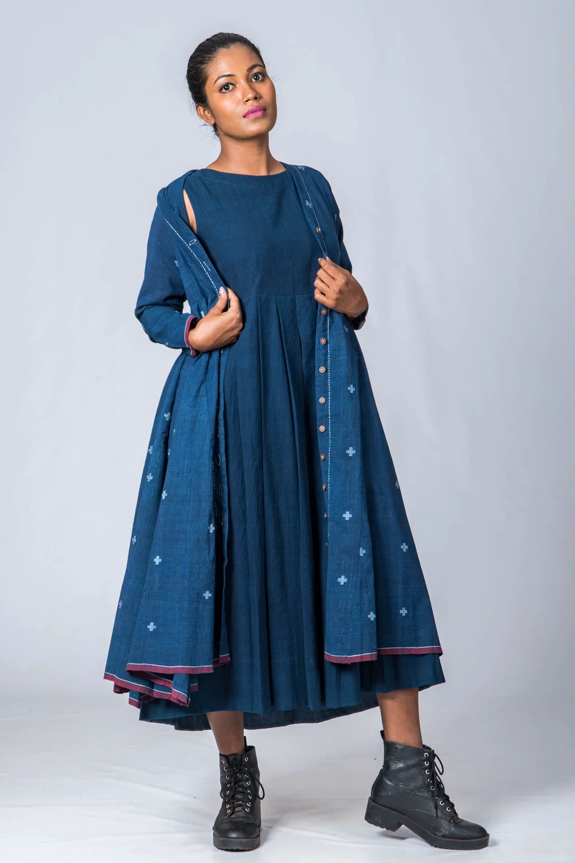 Set of 3: Natural Indigo Cotton Jamdani Jacket, Dress & Scarf