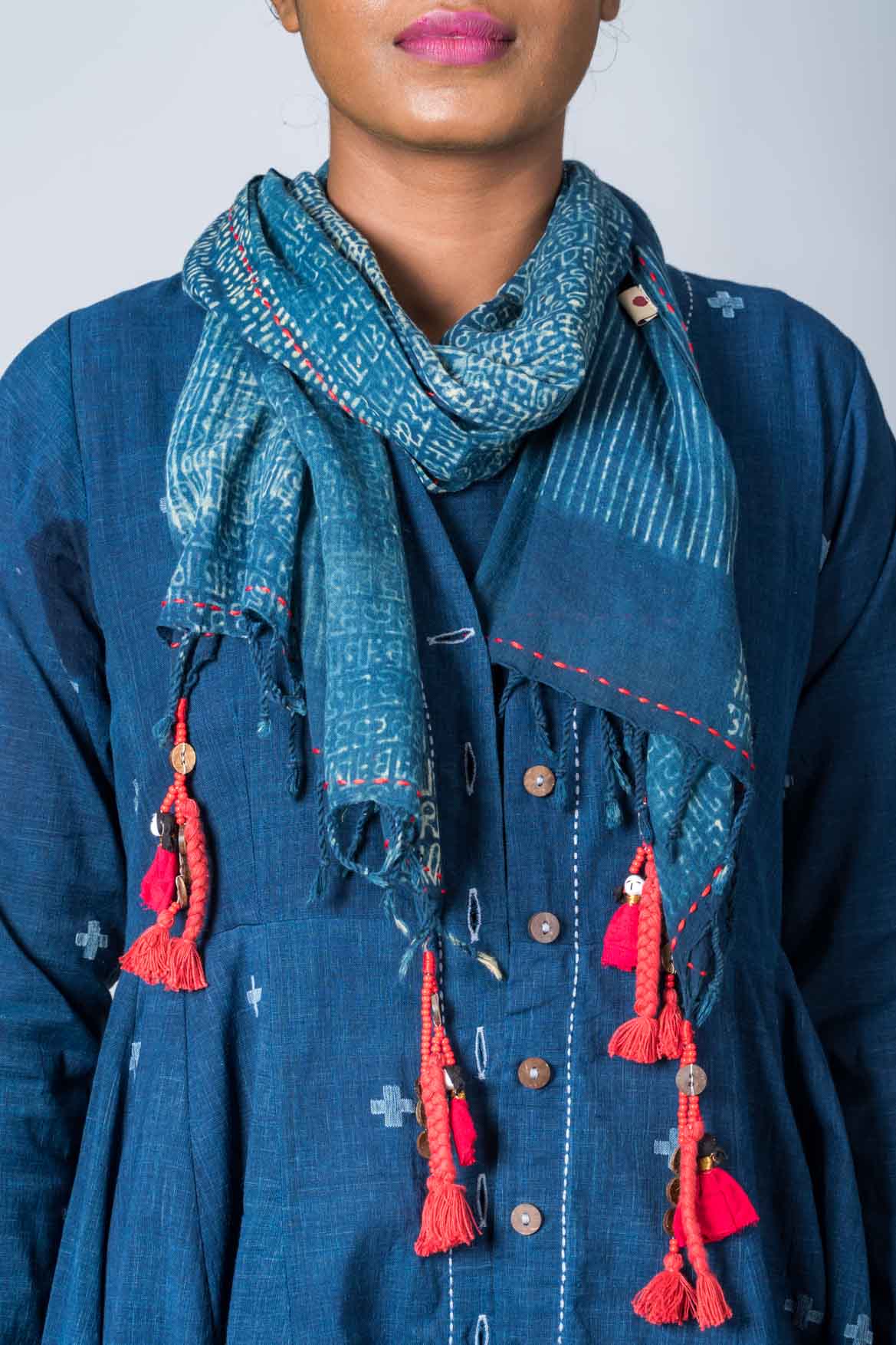 Set of 3: Natural Indigo Cotton Jamdani Jacket, Dress & Scarf - Image 12