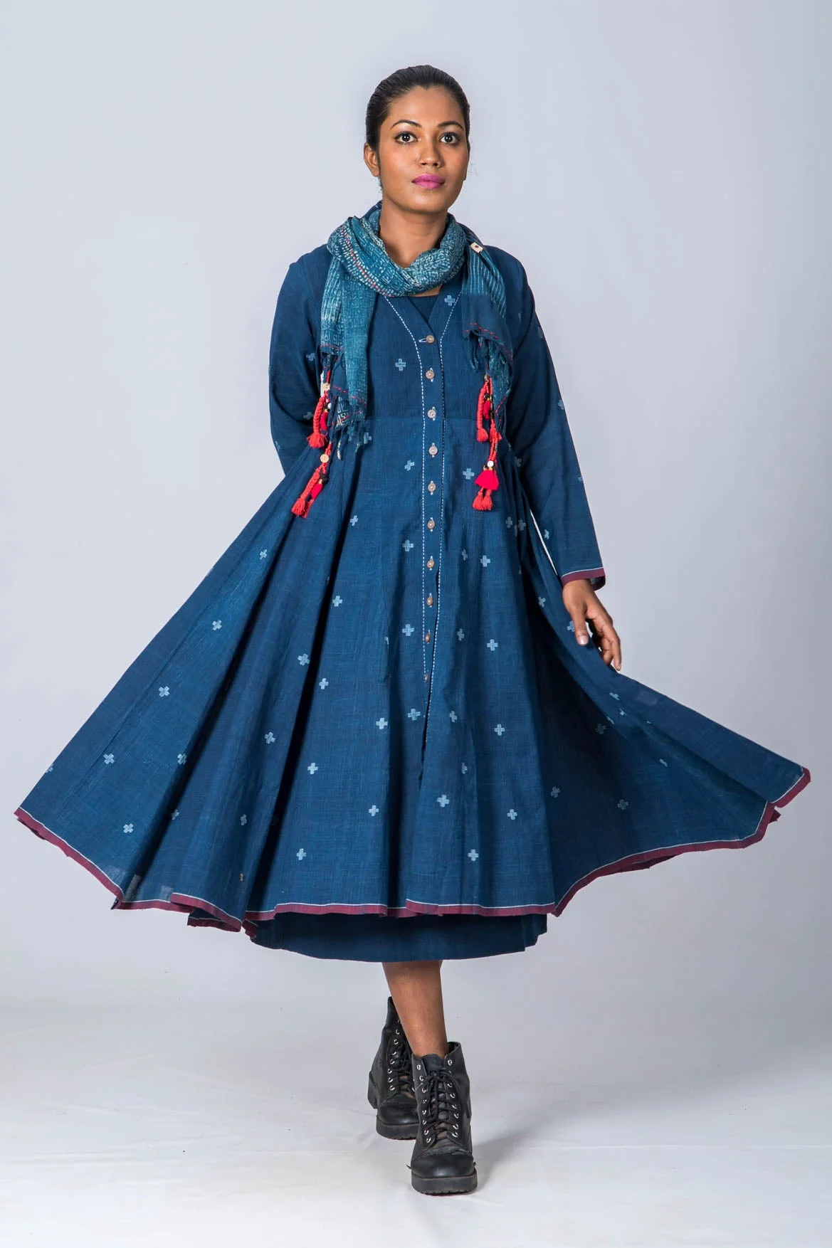 Set of 3: Natural Indigo Cotton Jamdani Jacket, Dress & Scarf - Image 2