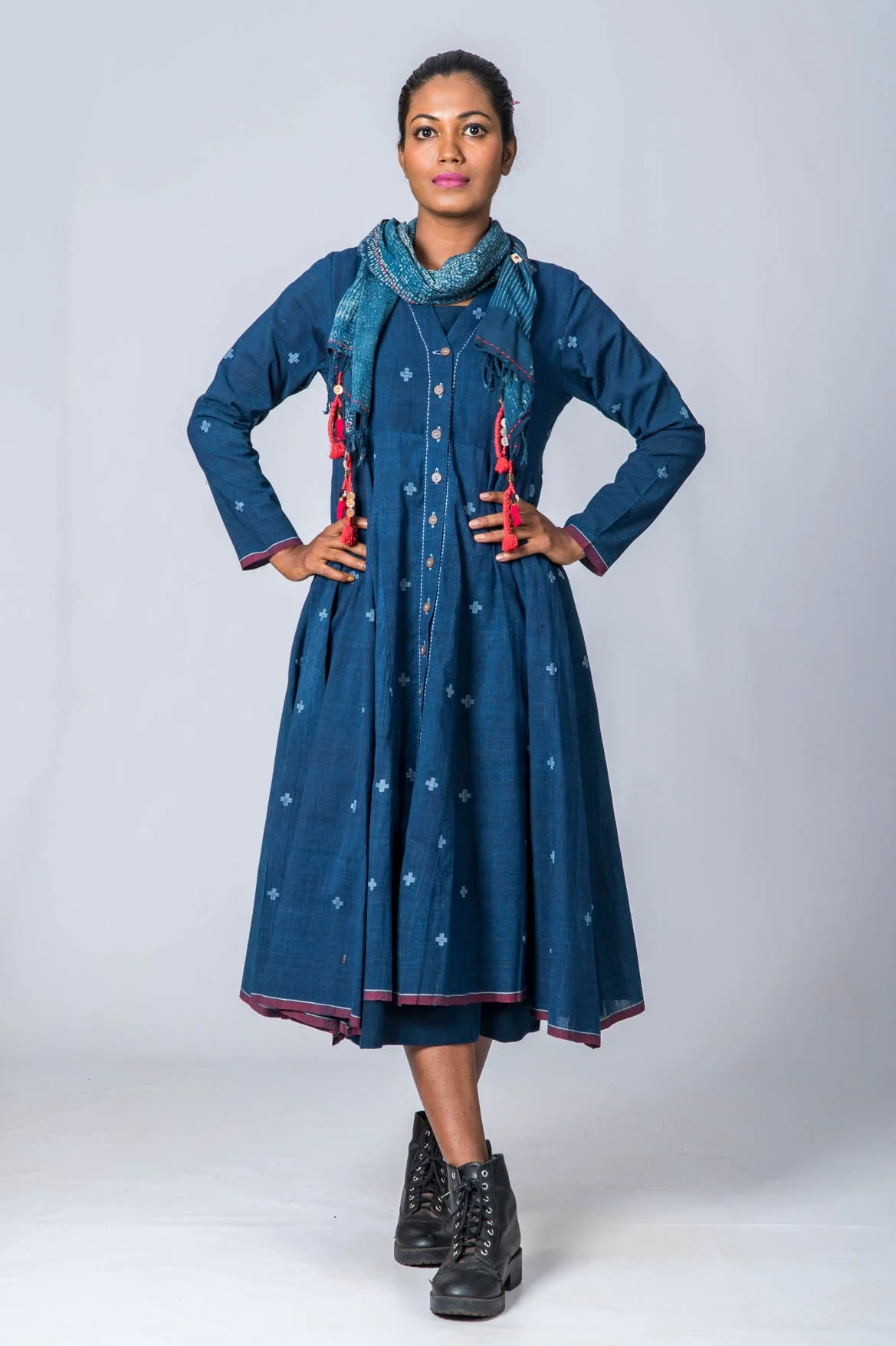 Set of 3: Natural Indigo Cotton Jamdani Jacket, Dress & Scarf - Image 3
