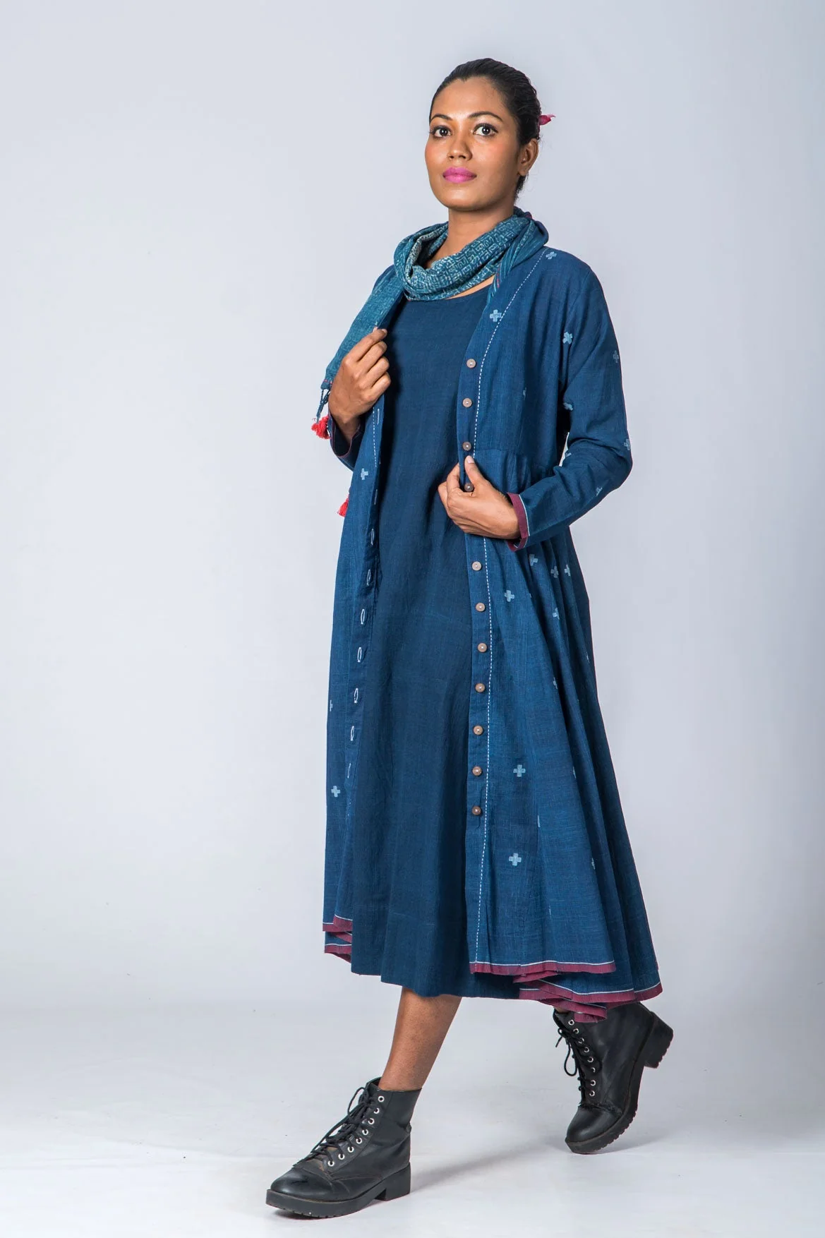 Set of 3: Natural Indigo Cotton Jamdani Jacket, Dress & Scarf - Image 6