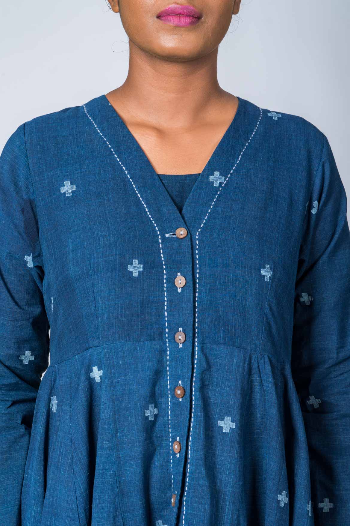 Set of 3: Natural Indigo Cotton Jamdani Jacket, Dress & Scarf - Image 9