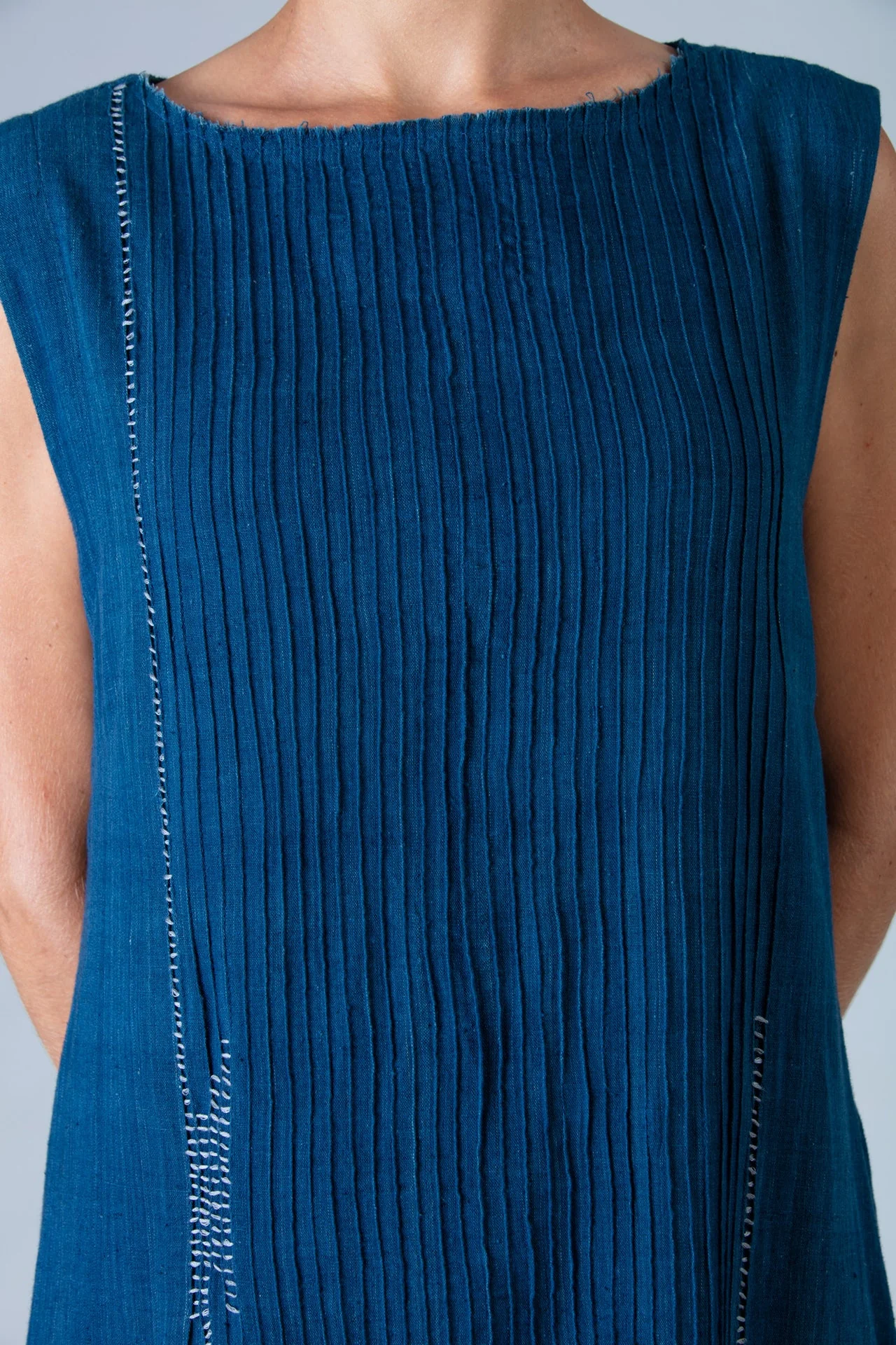 Natural Indigo Sleeveless All Over Pintuck Dress - Image 3