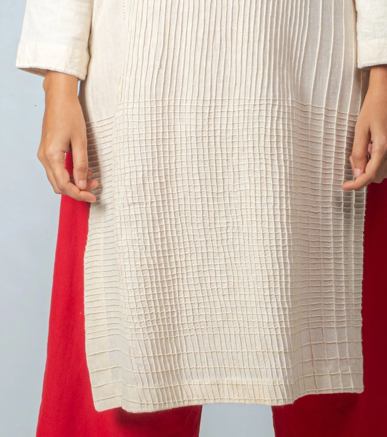 Set of 2- Natural Khadi Pintuck Kurta & Red Trousers - Image 7