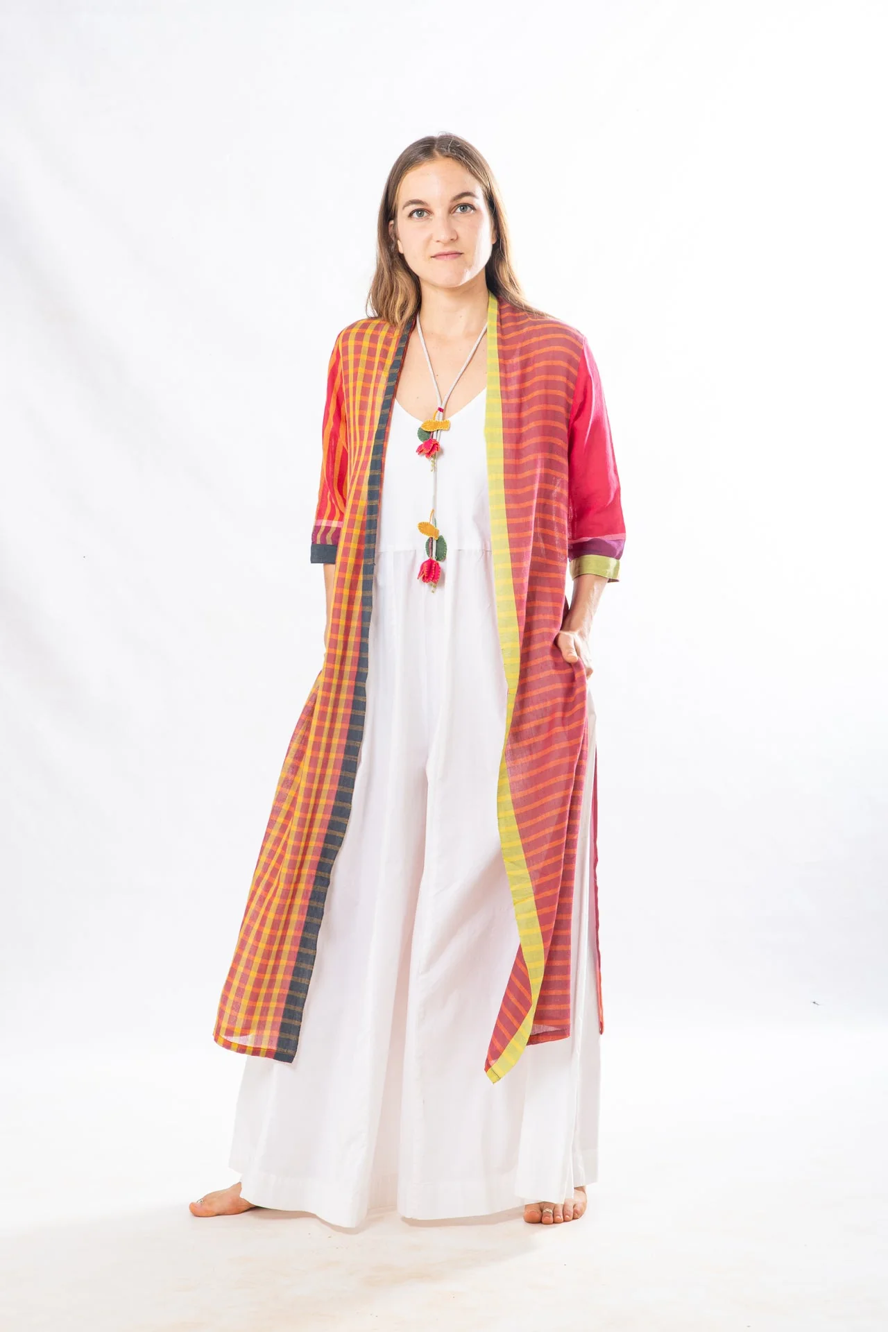Pink Checks Handwoven Cotton Summer Jacket - Image 2