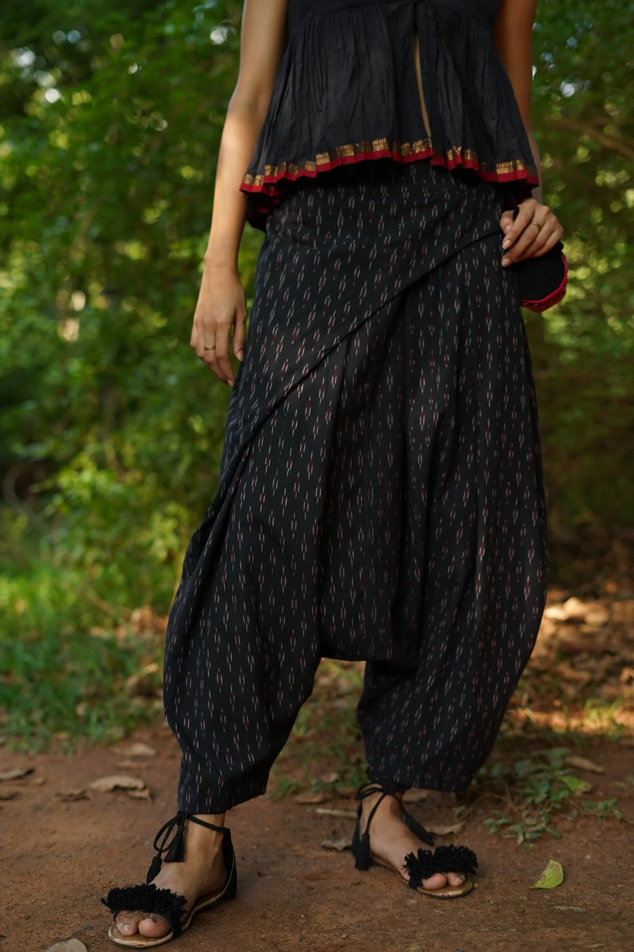 Set of 2- Black Top & Ikkat Low Crotch Pants - Image 3