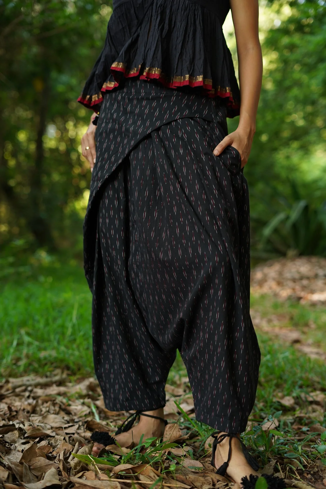 Set of 2- Black Top & Ikkat Low Crotch Pants - Image 5