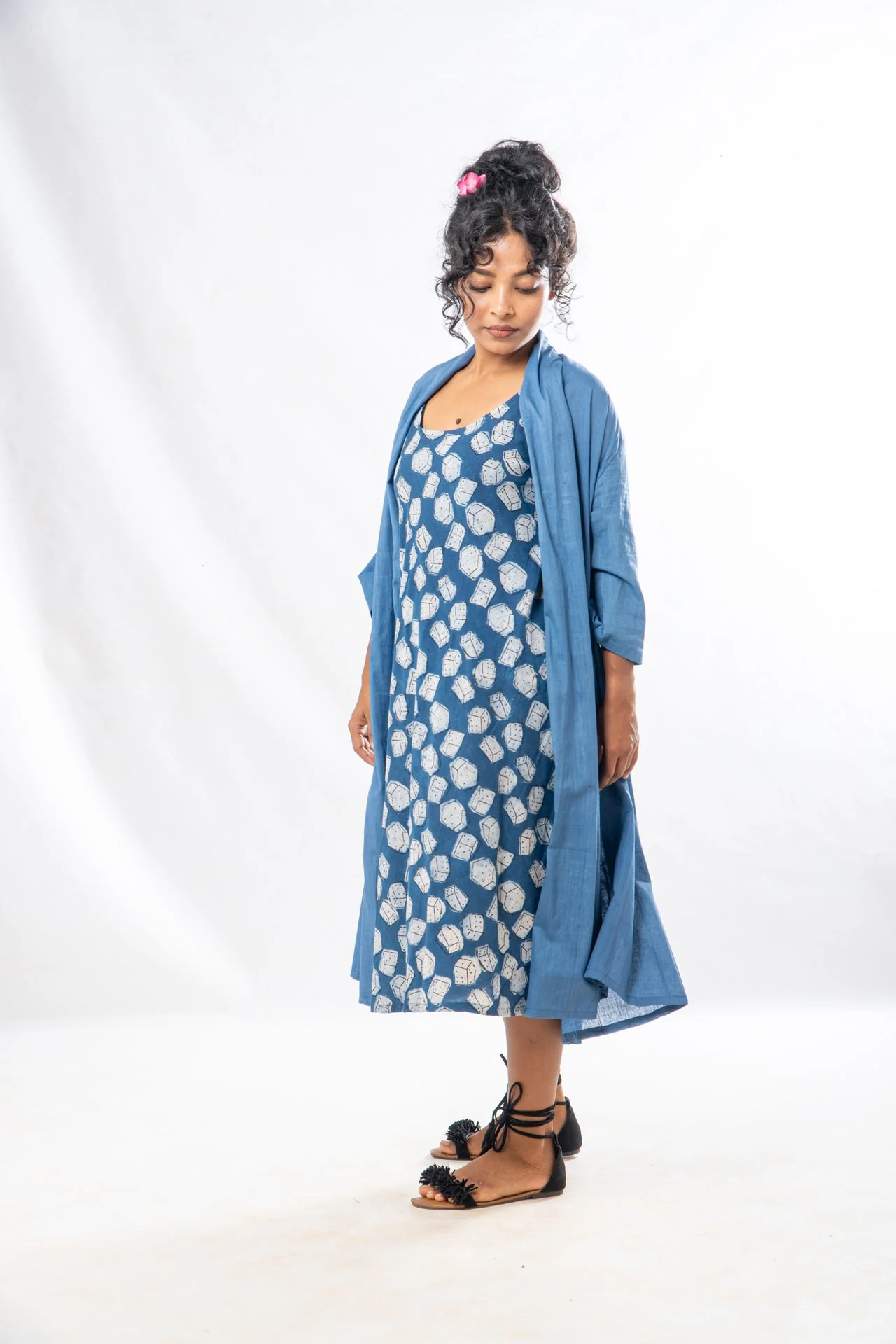 Set of 2- Blue Natural Dyed Hand Block Printed Organic Cotton Jacket & Dress - Image 3
