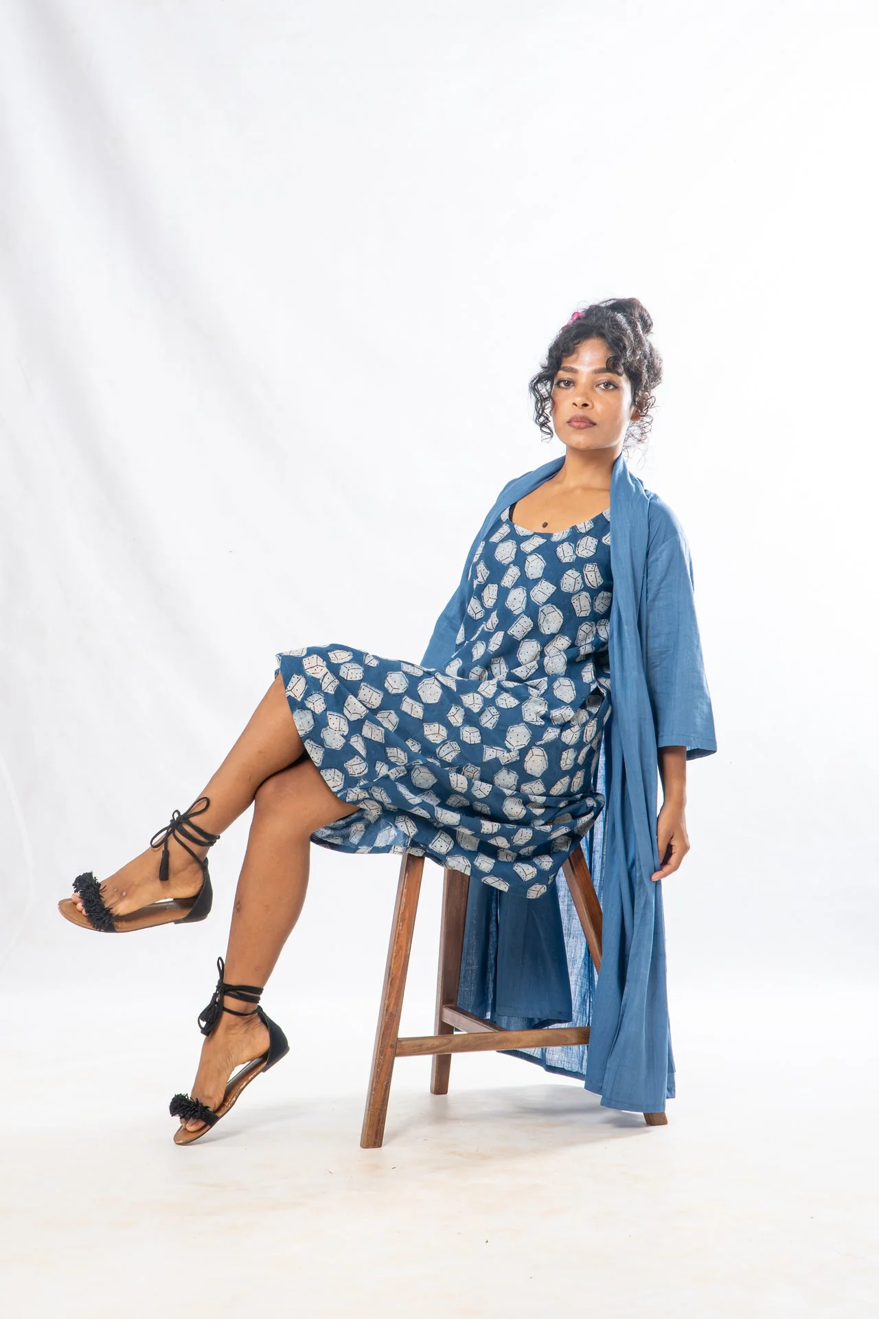 Set of 2- Blue Natural Dyed Hand Block Printed Organic Cotton Jacket & Dress - Image 4