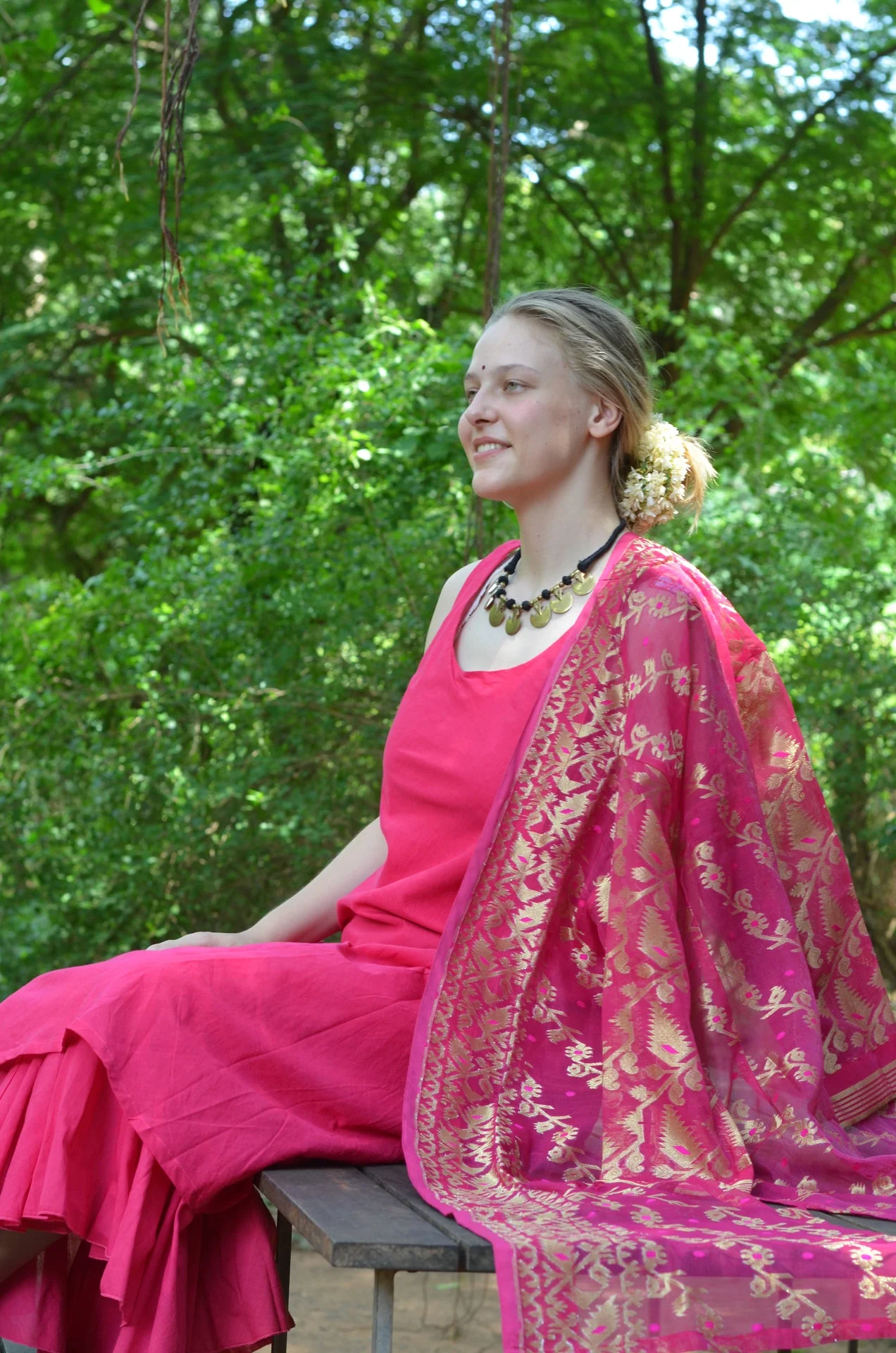 Set of 2- Bright Pink cutwork silk jacket & maxi Dress - Image 2
