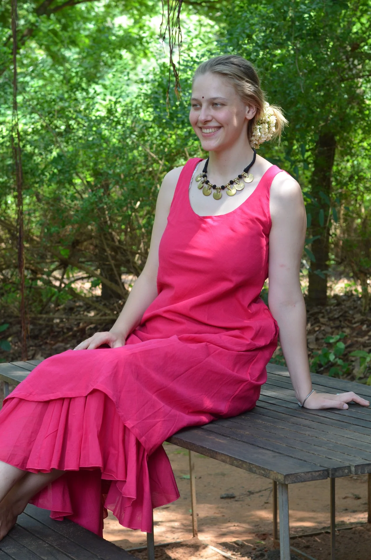 Set of 2- Bright Pink cutwork silk jacket & maxi Dress - Image 3