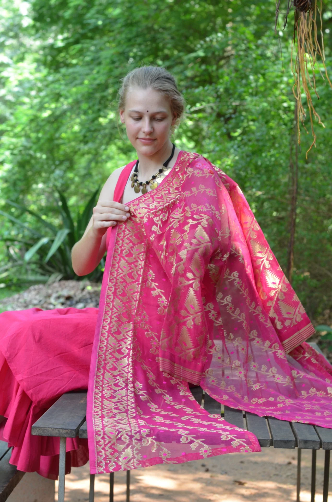Set of 2- Bright Pink cutwork silk jacket & maxi Dress - Image 5