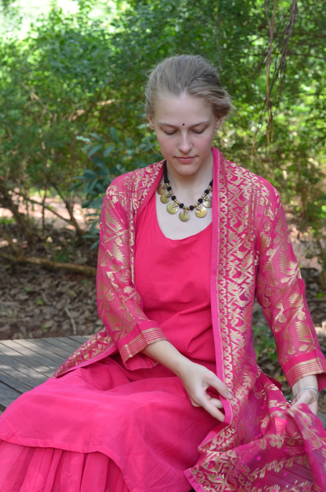 Set of 2- Bright Pink cutwork silk jacket & maxi Dress - Image 6