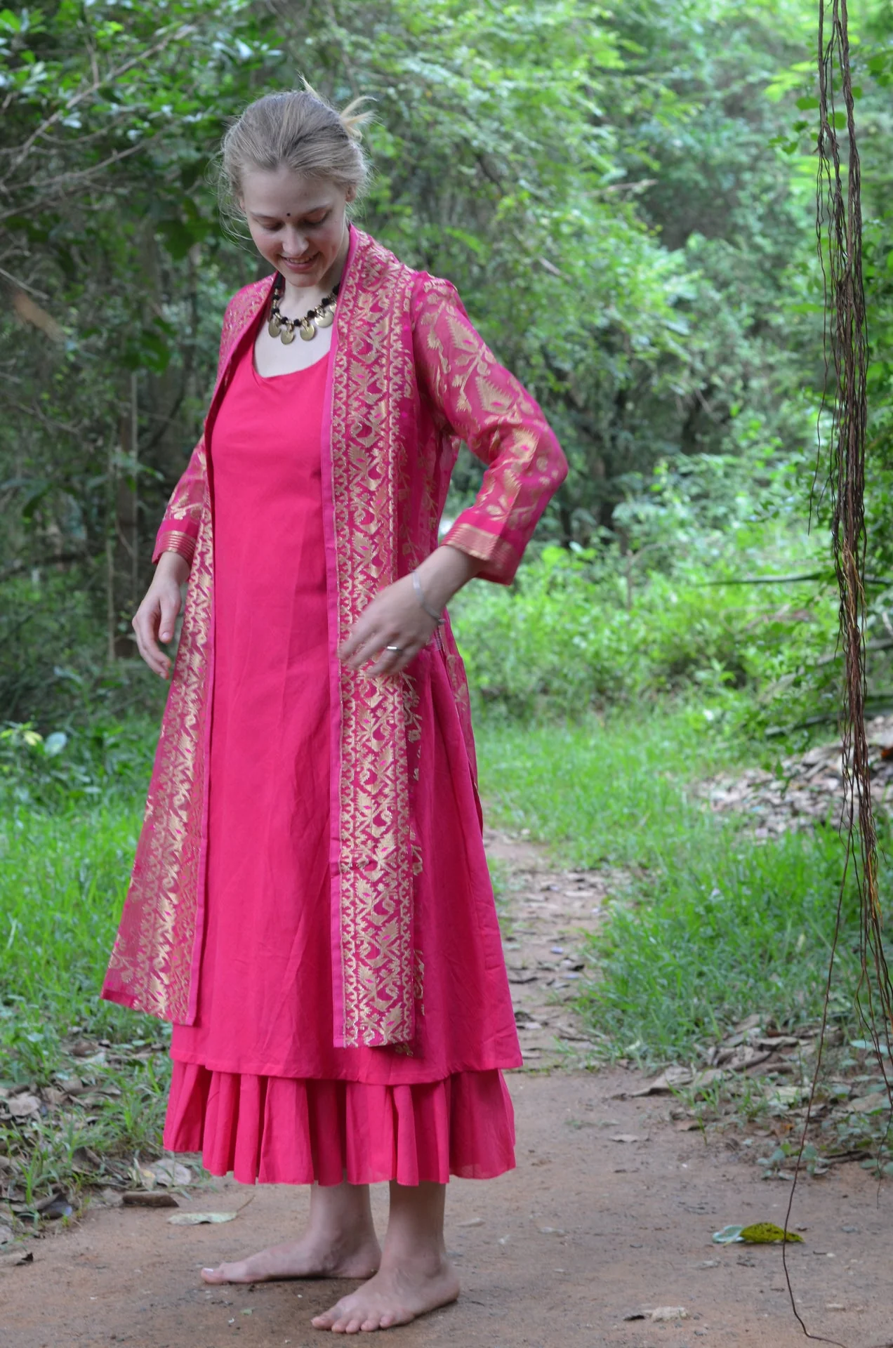 Set of 2- Bright Pink cutwork silk jacket & maxi Dress - Image 8