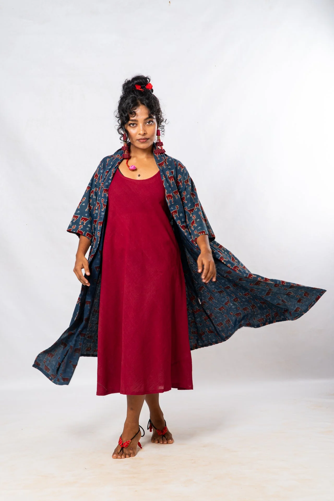 Set of 2- Maroon Natural Dyed Hand Block Printed Organic Cotton Jacket & Dress - Image 4