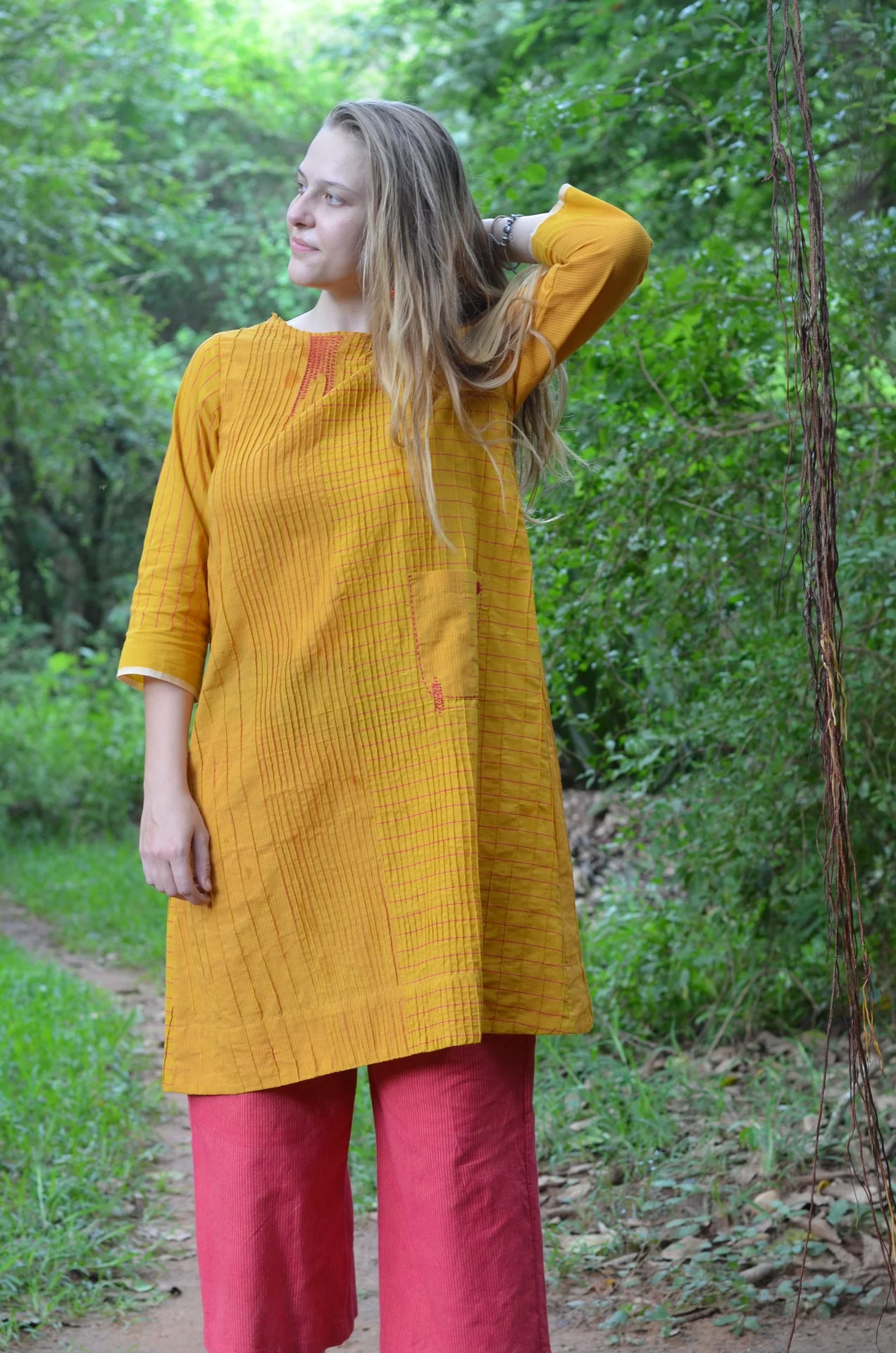 Set of 2- Mustard Pintuck placement handloom striper Dress & Pants - Image 2