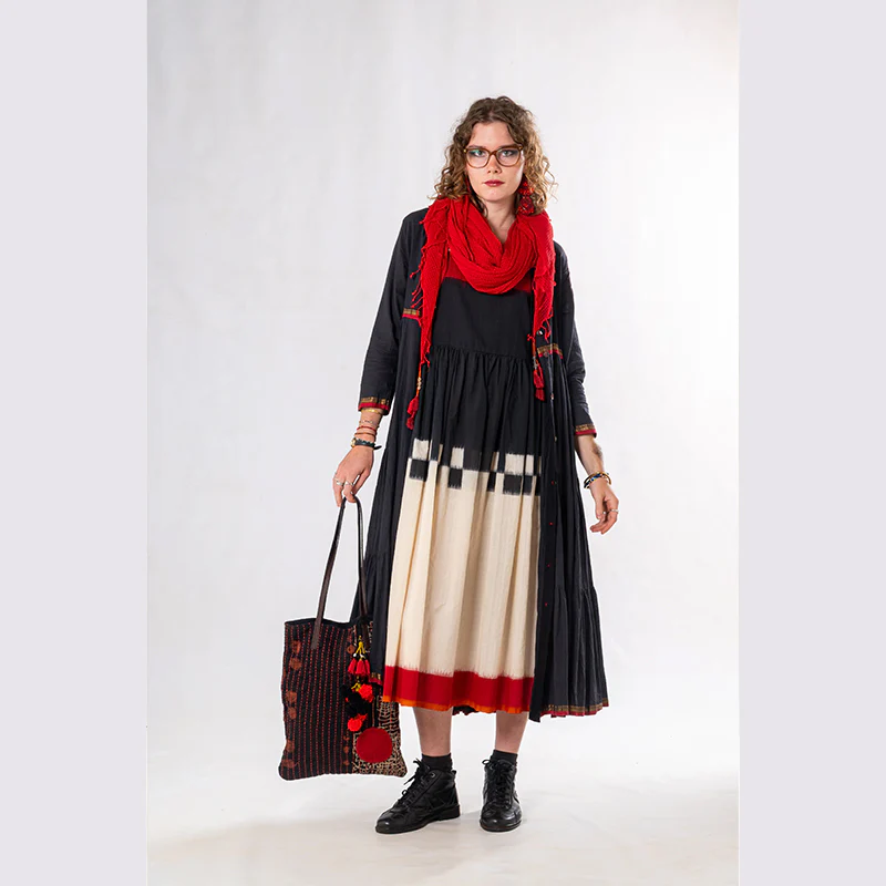 Set of 3: Black Red Ikkat Jacket Dress Set - Image 6