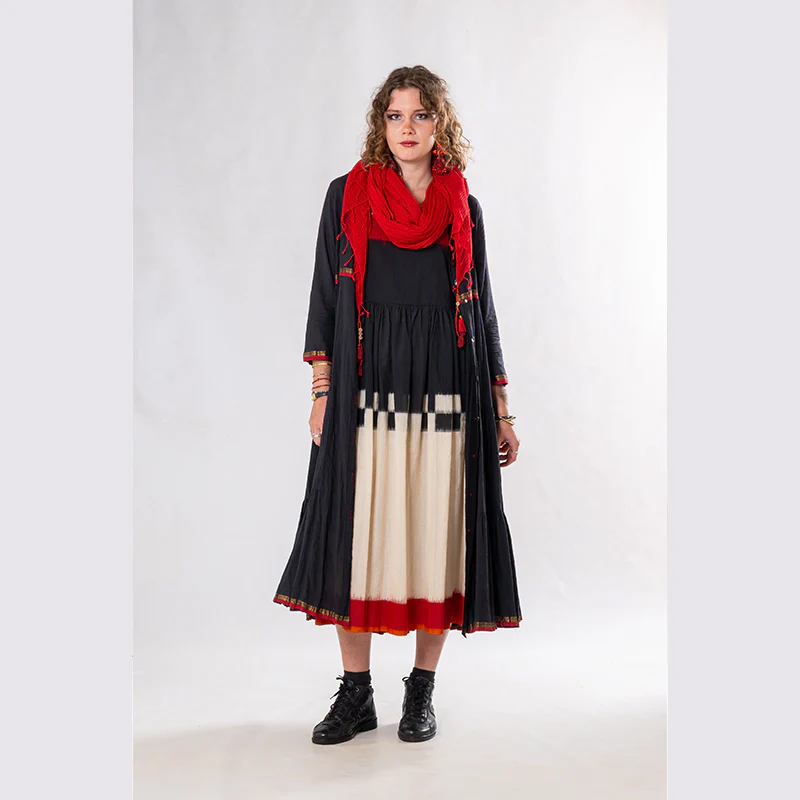 Set of 3: Black Red Ikkat Jacket Dress Set - Image 7