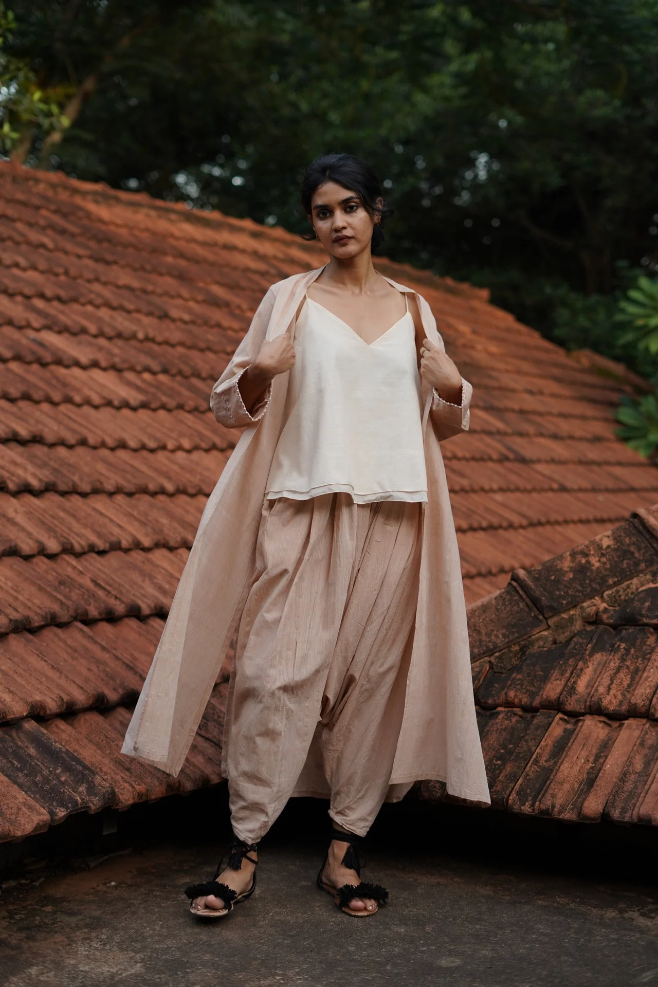 Set of 3- Beige Organic cotton long embroidered Jacket, Top & Pant Set - Image 2