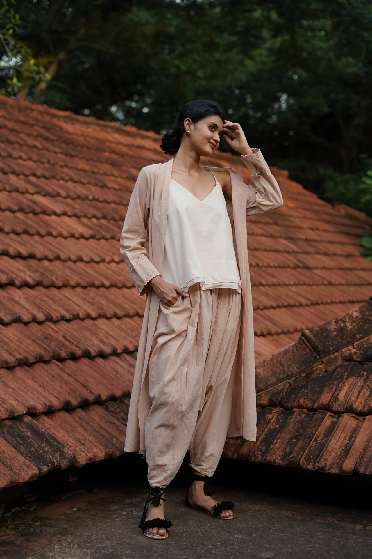 Set of 3- Beige Organic cotton long embroidered Jacket, Top & Pant Set - Image 4
