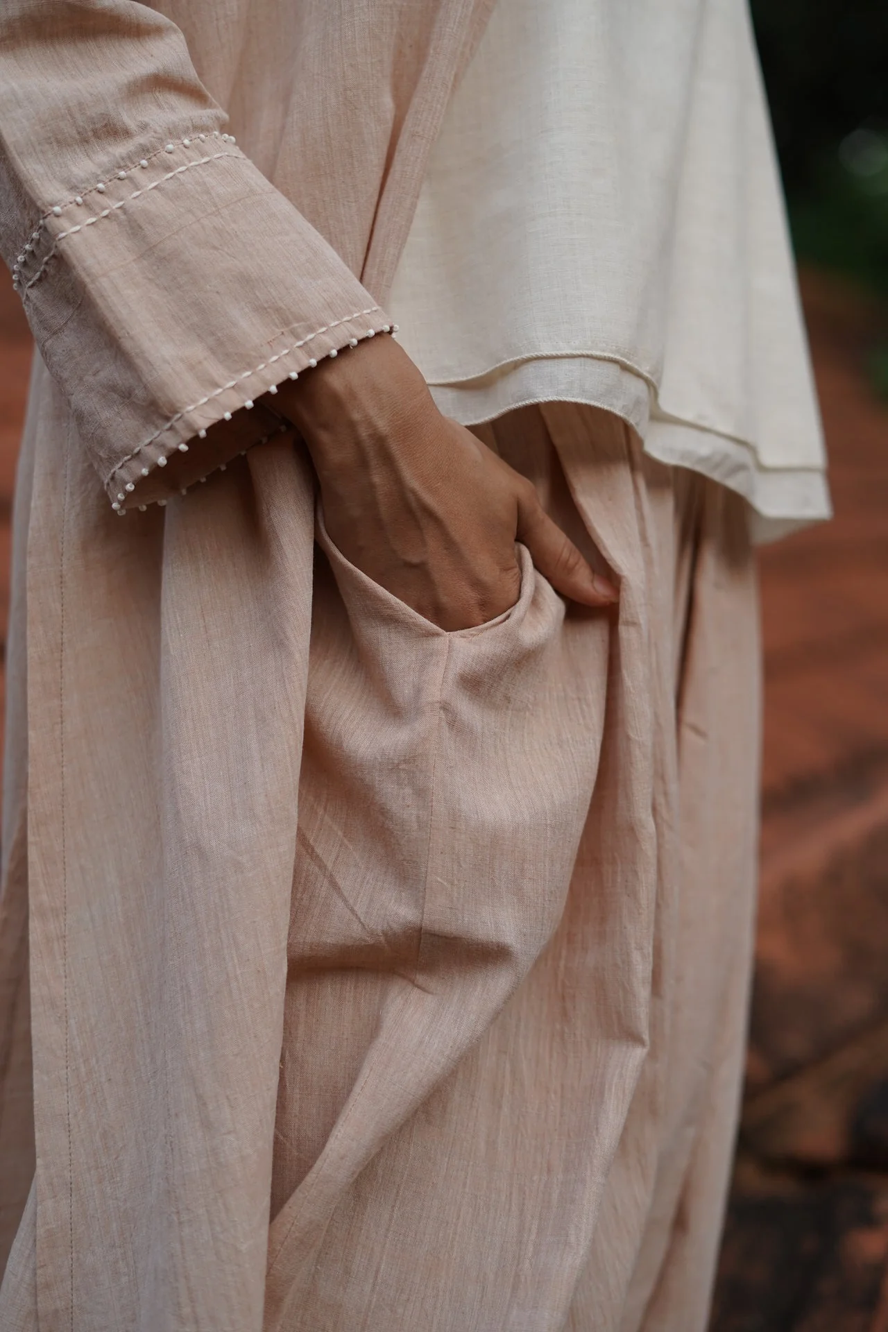 Set of 3- Beige Organic cotton long embroidered Jacket, Top & Pant Set - Image 7
