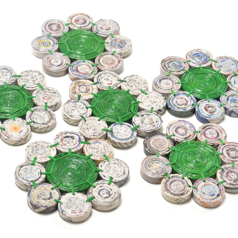 Upcycled Coiled Newspaper Tea coaster Flower - Set of 6 - Image 2