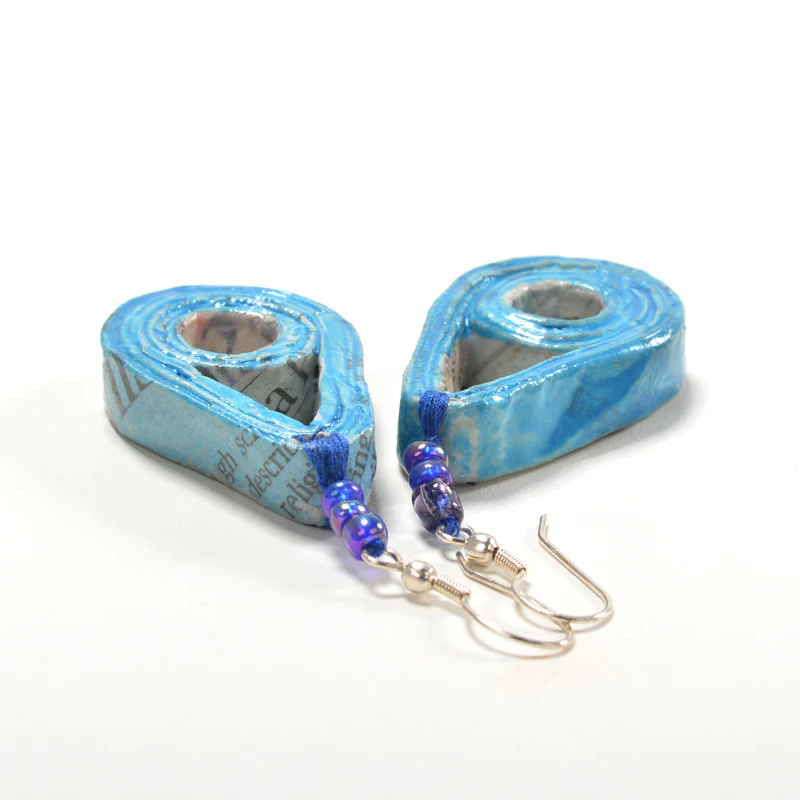 Upcycled Newspaper Earrings Drop & Round Hollow - Image 3